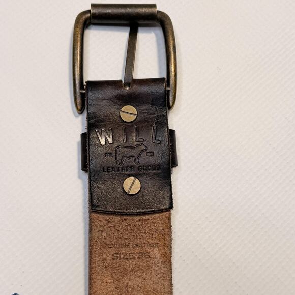 Will Leather Goods Belt Mens 36 Dark Brown Studded Leather Antique Brass Buckle - Picture 3 of 8